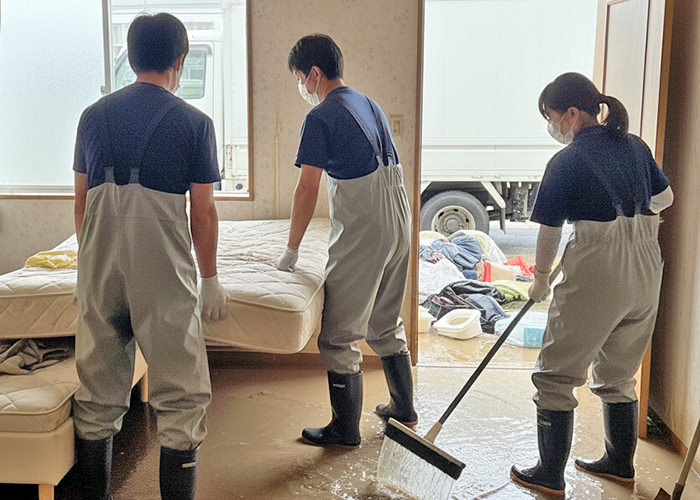 床上浸水した部屋の掃除をする作業員